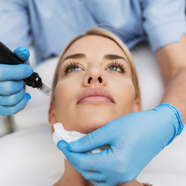 Vrouw ontvangt een professionele microneedling behandeling met een huidverbeterend apparaat bij Just Your Glow in Maastricht